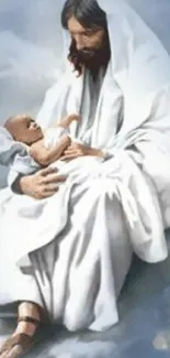 Divine figure holding child on clouds, serene wallpaper.