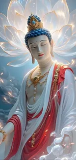 Serene Buddhist figure with lotus and clouds, radiating tranquility and divinity.