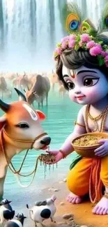 Lord Krishna with cow by riverside, vibrant mobile wallpaper.