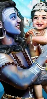 Colorful artwork of Lord Shiva holding a baby on mobile wallpaper.