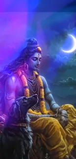 Lord Shiva with dog under crescent moon, purple hues.