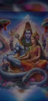 Beautiful artwork of Lord Shiva and Goddess Parvati with serpents.