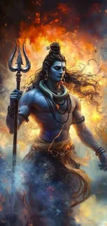 Vibrant depiction of Lord Shiva surrounded by flames in artistic style.