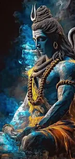 Artistic depiction of Shiva in meditation with blue hues and divine imagery.