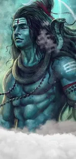 Vibrant artwork of Lord Shiva with blue tones and spiritual elements.