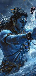 Lord Shiva amidst ocean waves in serene artwork.