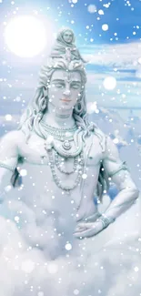 Serene statue of Shiva surrounded by clouds and snow.