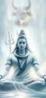 Serene Lord Shiva in meditation with a mystical light blue aura.