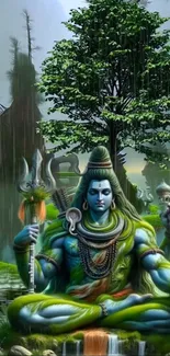 Lord Shiva meditating near a serene lake with lush greenery and a tranquil atmosphere.