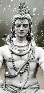 Shiva in meditation amidst falling snow, creating a serene and spiritual wallpaper.