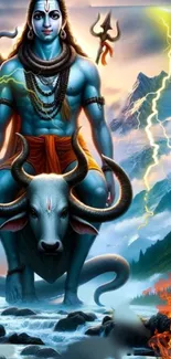 Mythical deity on a bull with scenic mountains and sky.