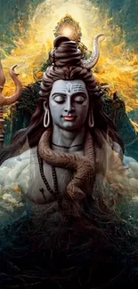 Divine Lord Shiva wallpaper with trident and spiritual aura.