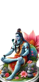 Shiva sitting on a lotus with vibrant colors in a divine art style.