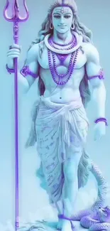 Divine Shiva statue in blue hues with a trident and serpent for a mobile wallpaper.