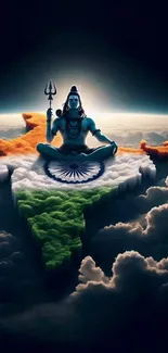 Lord Shiva sitting atop a cloud-formed India map with glowing tricolor.