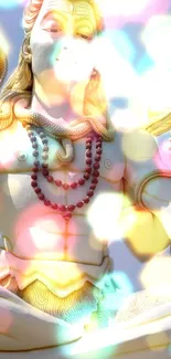 Majestic Shiva statue with glowing colorful bokeh lights.