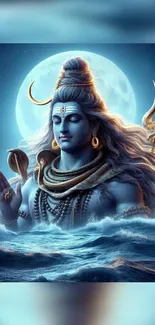 Divine image of Lord Shiva under a full moon, surrounded by ocean waves.