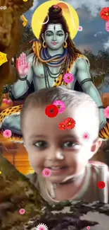 Lord Shiva with a smiling child and flowers on a mobile wallpaper.