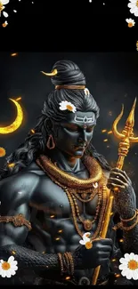 Lord Shiva with crescent moon and flowers on dark background.