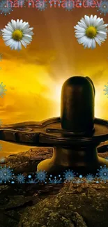 Shivling with sunrise background and daisy flowers.