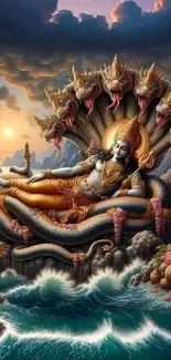 Artistic depiction of a divine figure sleeping on a seven-headed serpent with waves and clouds.