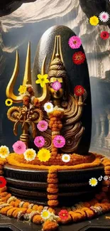 Divine statue adorned with vibrant flowers in a tranquil setting.