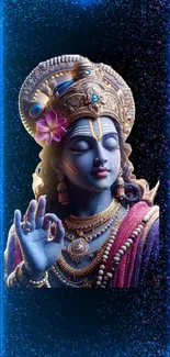 Mystical divine statue with a cosmic aura in blue glow.