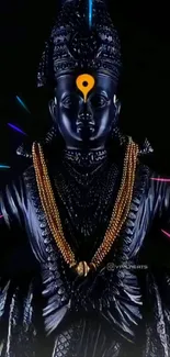 Divine statue with colorful neon accents on dark background.