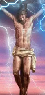 Wallpaper of crucifixion with lightning in a purple sky.