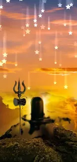 Shiva idol and Trishul under a vibrant sunset with stars.