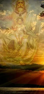 Spiritual figure overlay with sunset background.