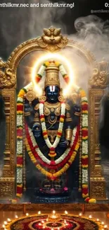 Intricate temple sculpture with garlands and radiant lighting.