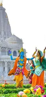 Colorful Radha Krishna with temple backdrop, vibrant floral foreground.