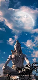 Shiva statue under a moonlit sky with stars and clouds, exuding tranquility.