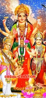 Vibrant divine trio mobile wallpaper featuring colorful deities.