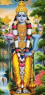 Divine painting of Lord Vishnu in nature setting.