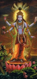 Lord Vishnu standing with multiple arms on a lotus.