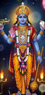 Vishnu deity with a cosmic and colorful backdrop