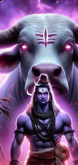 A warrior stands before a mystical bull, framed by vibrant purple hues.