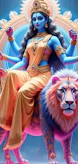 Warrior goddess with lion in vibrant colors.