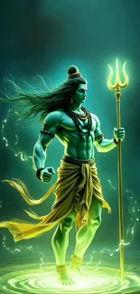 Divine warrior holding a trident in glowing green.