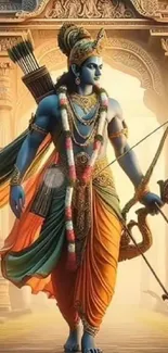 Divine blue-skinned warrior in temple setting mobile wallpaper.