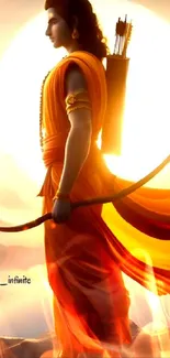 Silhouette of a divine warrior with a bow against a glowing background.