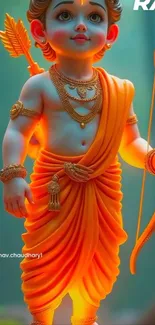 A vibrant orange divine warrior statue with intricate details.