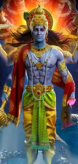 Vibrant divine warrior with multiple arms in vivid colors.