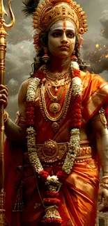 Divine warrior in rich gold attire with a dramatic background.