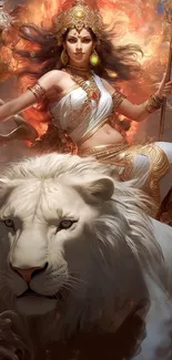 Divine warrior goddess riding a white lion with fiery background.