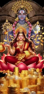 Illustration of Hindu deities with gold coins.