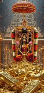 Goddess in temple surrounded by gold bars.