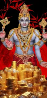 Divine figure with gold coins and red background.